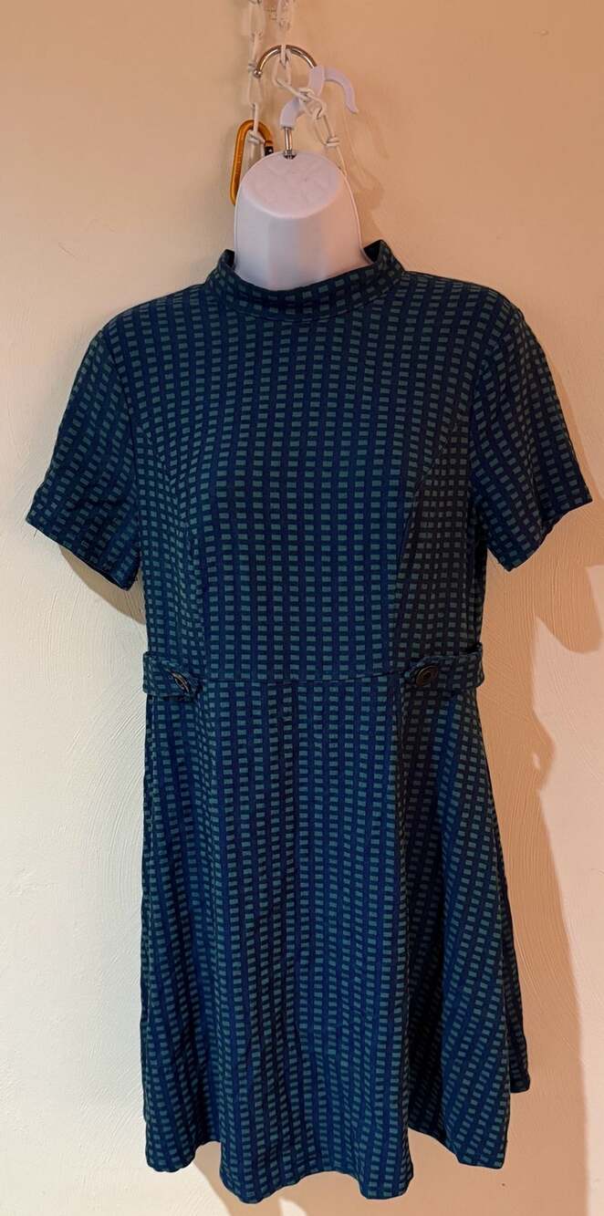 ModCloth Dress L Navy Green Geometric Mock Neck Fit Flare Retro Mod 60s Style